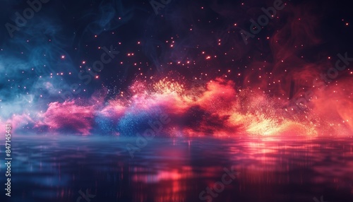 Vibrant abstract fiery and ethereal clouds over reflective water, creating a dreamlike and surreal fantasy landscape.
