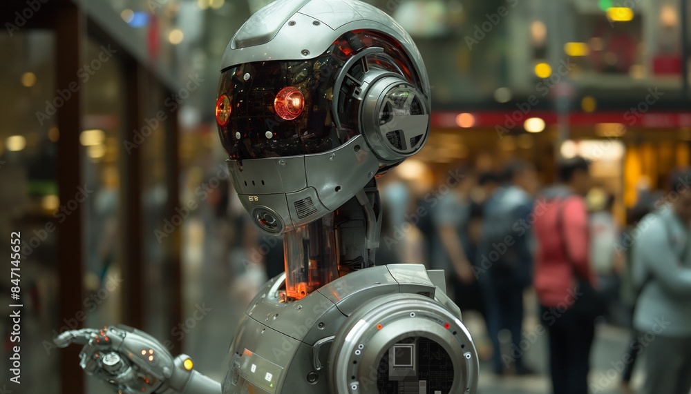 Futuristic humanoid robot in a mall setting Futuristic humanoid robot in a mall setting