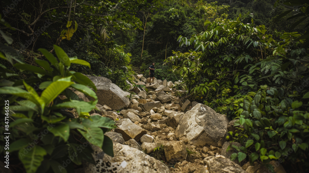 hiker walking on rocky trail in dense forest hiker walking on rocky trail in dense forest