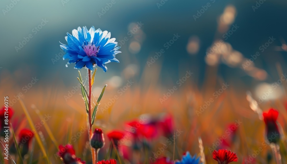 Vibrant blue flower stands out in a colorful field of red blossoms, with soft-focus background creating a dreamy, serene landscape scene. Vibrant blue flower stands out in a colorful field of red blossoms, with soft-focus background creating a dreamy, serene landscape scene.