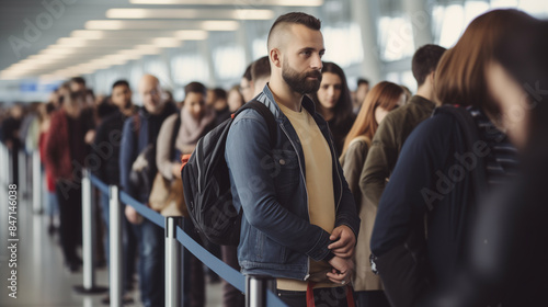 Group of people standing in long queue at passport control in airport