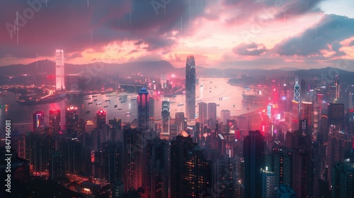 A high-tech cityscape at dusk