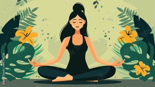 Asian ethnicity female practicing yoga meditation among green tropical leaves yellow flowers. Serene woman lotus pose focusing breath relaxation, mindfulness nature surroundings. Health wellness