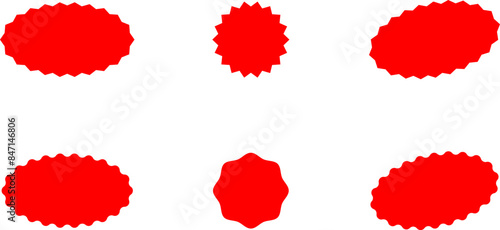 Starburst red sticker set. Star burst price icon.  Promo stickers with star edges. Star burst price icon. Round sale tag badge. Circle sale buttons. Sunburst label isolated on white background. Vector