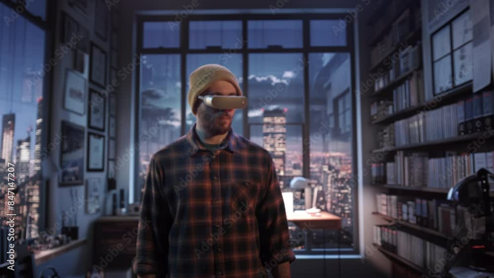 Man Interacting with VR in Office Overlooking City at Night Cutting-Edge Technology Professional Setting Man Interacting with VR in Office Overlooking City at Night Cutting-Edge Technology Professional Setting