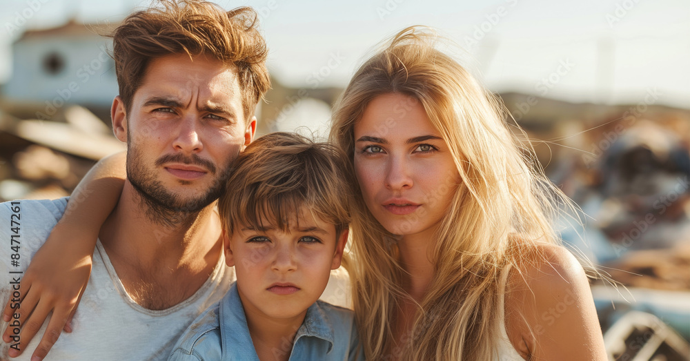 Obraz premium Family portrait among ruins with serious faces