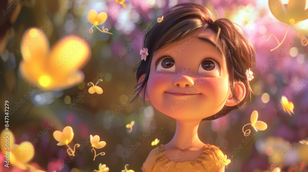 Fototapeta premium An adorable cartoon character a young girl deeply immersed in the feeling of love