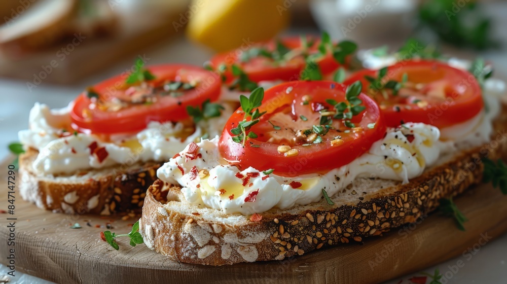 Close-up: toasts with cream cheese and red pepper on the table. Close-up: toasts with cream cheese and red pepper on the table.