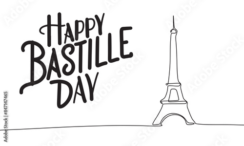 Line art Happy Bastille Day Day text lettering banner concept. Hand drawn vector art.
