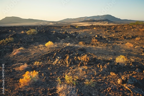 In the wilderness, rocky terrain meets desert scrub, creating a rugged and beautiful landscape.