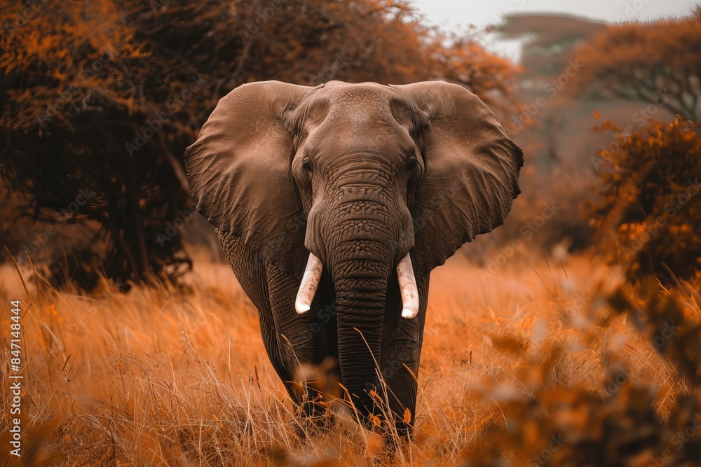 Large male african elephant is walking through the tall grassland at sunset