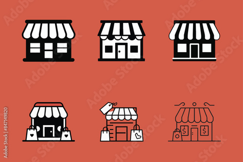 silhouette style vector icon illustration of Price tags, shopping bags, and storefronts.