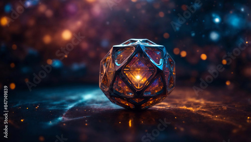 Sacred geometry solid, dodecahedron, mystical geometric shape glowing from inside, science, esoteric, spirituality, art background. Dreamy fantasy. photo