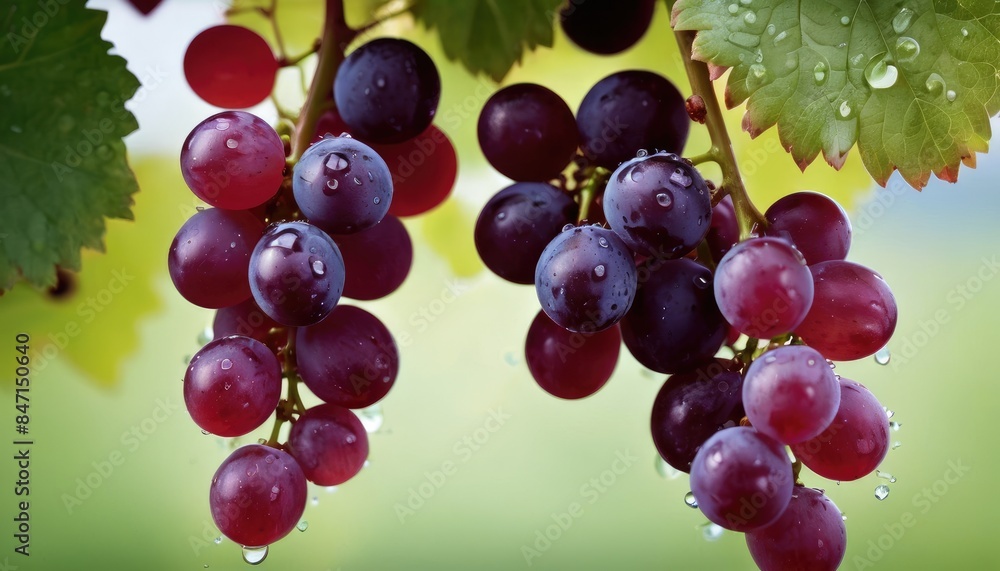 A close-up of fresh grapes on the vine, glistening with dew drops, showcasing their rich purple hues and lush green leaves under the soft sunlight A close-up of fresh grapes on the vine, glistening with dew drops, showcasing their rich purple hues and lush green leaves under the soft sunlight
