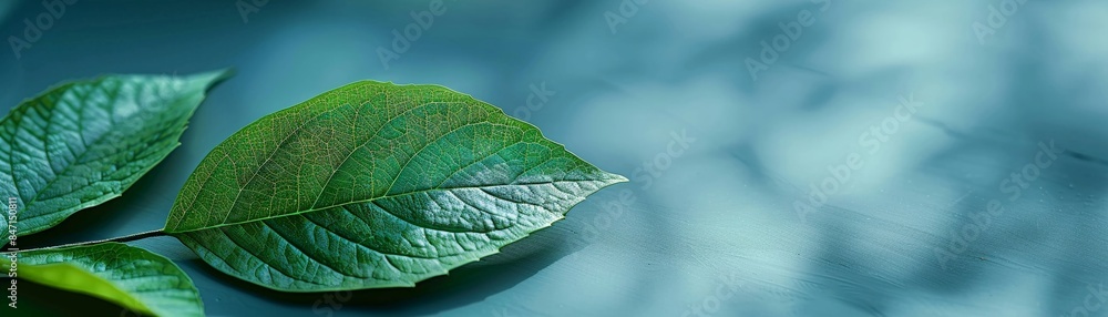 Close-up of fresh green leaves in bright light against a clear blue background Close-up of fresh green leaves in bright light against a clear blue background
