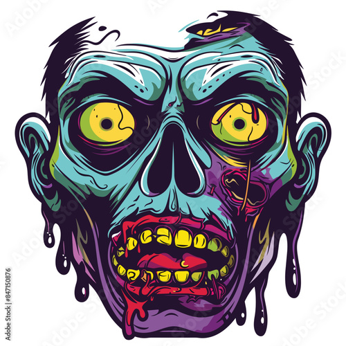 Vibrant zombie head illustration featuring green skin, rotting flesh, yellow eyes. Detailed colorful undead drawing horror themes. Graphic zombie portrait exposed bones dripping gore