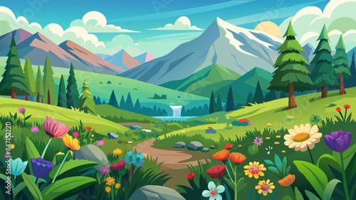 a lush meadow filled with greenery colorful flower silhouette illustratio