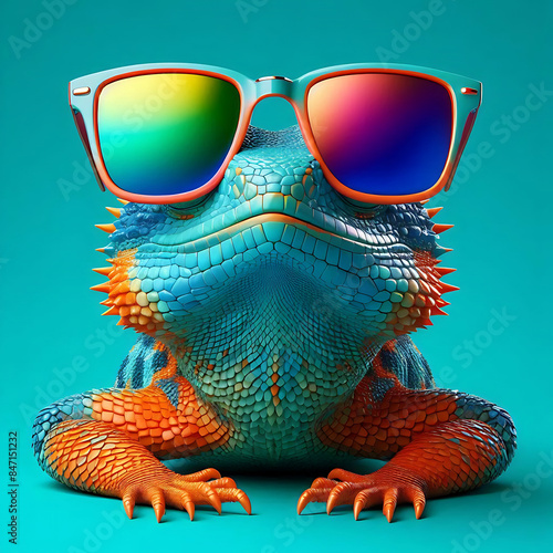 a lizard wearing sunglasses in front of a green background