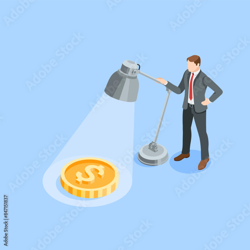 isometric vector business man standing near a table lamp shining on a coin with a dollar icon, in color on a blue background, searching for money or financial success