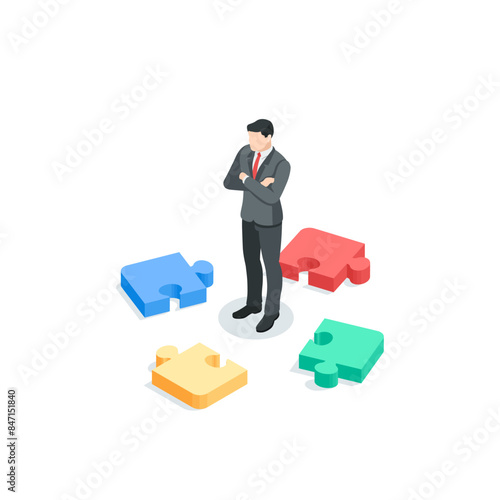 isometric vector business man standing near scattered puzzle pieces, in color on a white background, unsolved problem or search for a solution