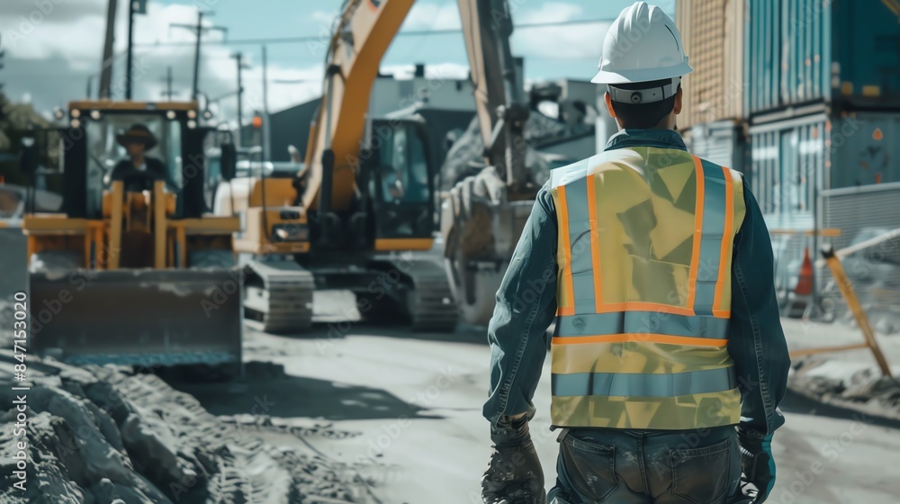 Construction worker in safety gear supervises site with heavy machinery, ensuring safety and progress in urban infrastructure project. Construction worker in safety gear supervises site with heavy machinery, ensuring safety and progress in urban infrastructure project.
