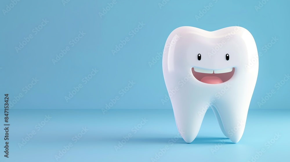 Happy smiling tooth character on a blue background, representing dental health, hygiene, and oral care for children and adults. Happy smiling tooth character on a blue background, representing dental health, hygiene, and oral care for children and adults.