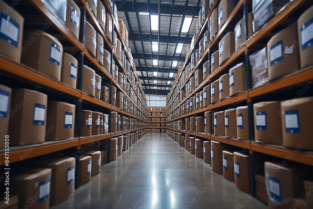 Fototapeta premium In the warehouse, shelves and racks organize merchandise, facilitating efficient shipping and distribution within the industrial space.