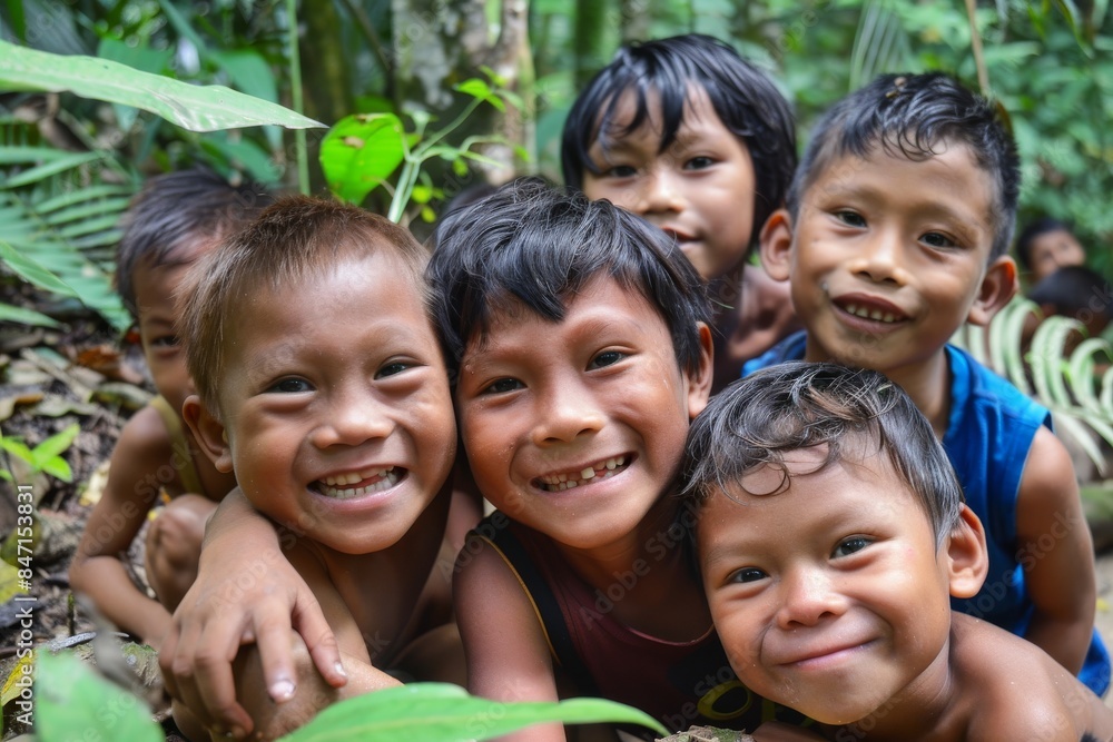 Group of asian children smiling and looking at camera in the jungle Group of asian children smiling and looking at camera in the jungle