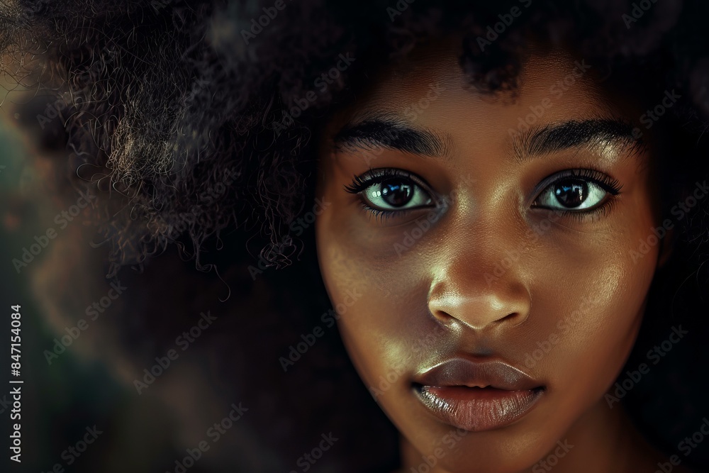 Fototapeta premium Beautiful young woman with a lush afro hairstyle is posing on a dark background