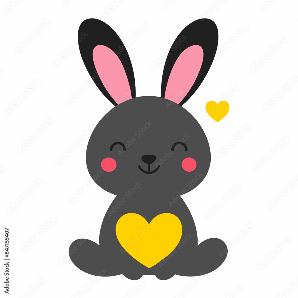 Obraz premium Smiling Rabbit with Heart icon Adorable Kawaii Illustration | Isolated Flat Design