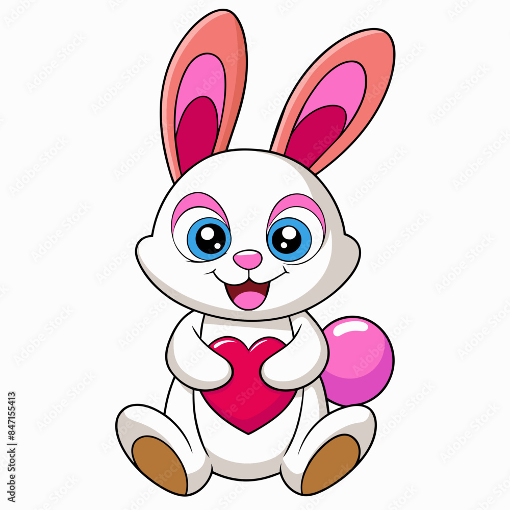 Obraz premium Smiling Rabbit with Heart icon Adorable Kawaii Illustration | Isolated Flat Design