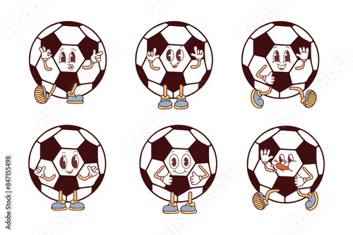 Funny cute happy soccer ball character set. Hand drawn kawaii cartoon character vector illustration. Vector illustration. Vector illustration