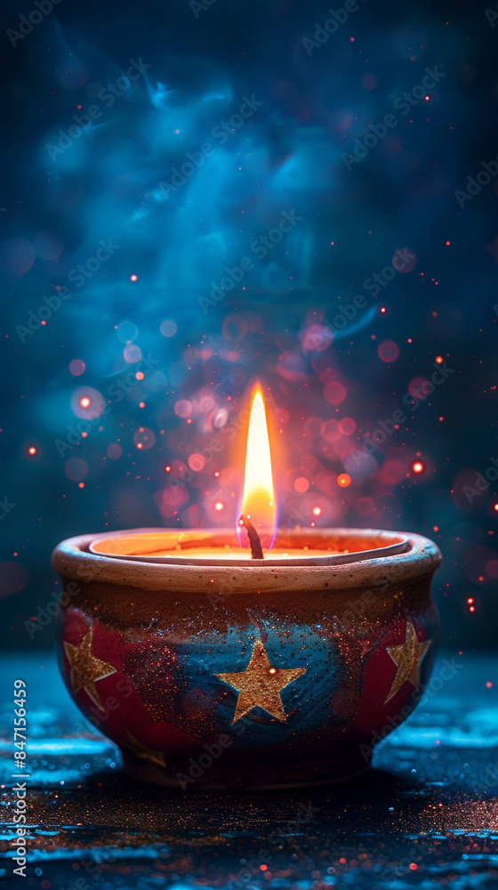 Lit candle in a decorated holder with a magical glow and sparkling particles. Lit candle in a decorated holder with a magical glow and sparkling particles.