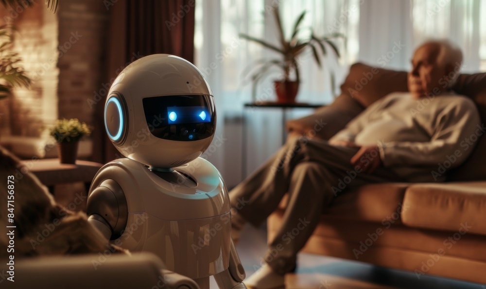 Elderly Man Relaxing at Home with AI Robot Assistant in Modern Living Room Elderly Man Relaxing at Home with AI Robot Assistant in Modern Living Room