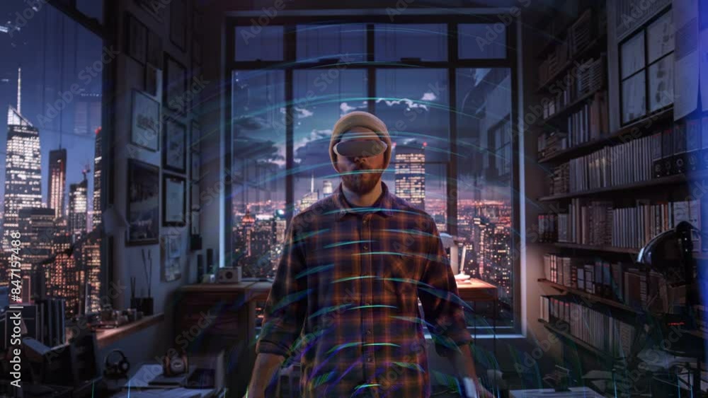 Architect Using VR Headset with Holographic City Data in Office Technology Design Innovation Architect Using VR Headset with Holographic City Data in Office Technology Design Innovation