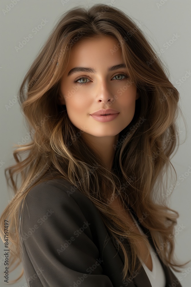 In a bright studio setting, a young woman embodies elegance and beauty with a radiant smile. In a bright studio setting, a young woman embodies elegance and beauty with a radiant smile.