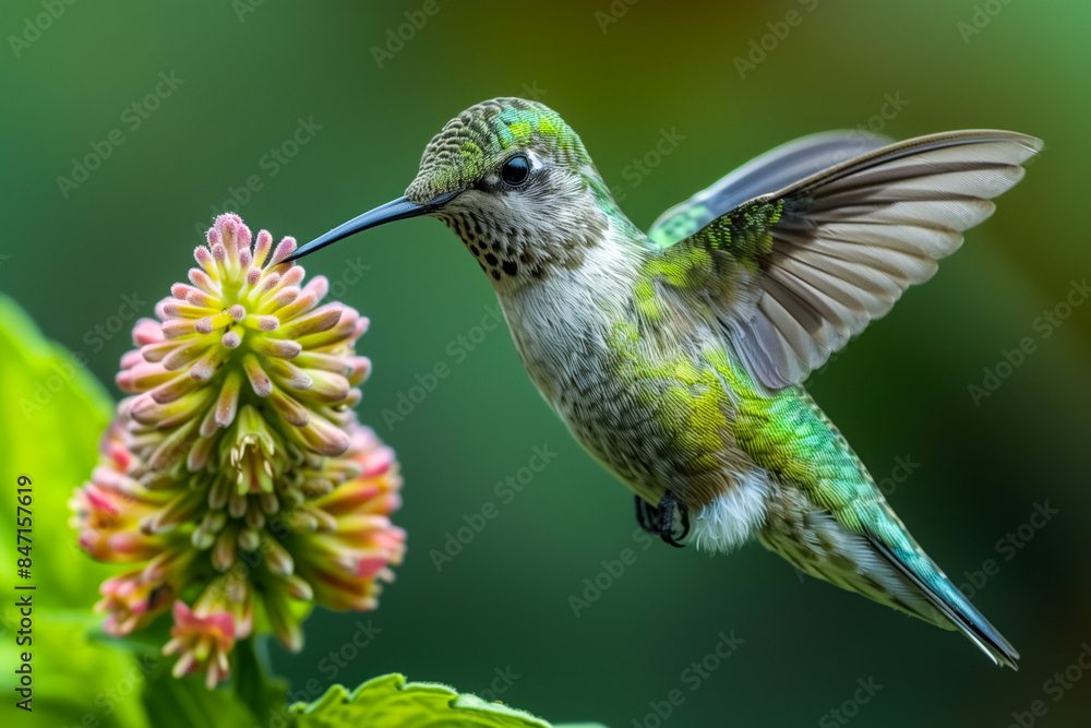 Fototapeta premium Vibrant flower being visited by a feeding hummingbird
