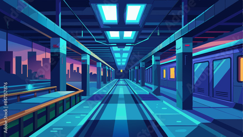 A subway station with a blue and white color scheme. The station is empty and the lights are on