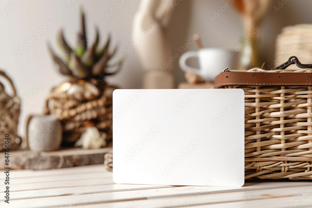 Bblank card with wicker basket and rustic decor Bblank card with wicker basket and rustic decor