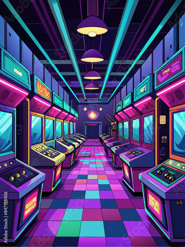 A neon sign hangs above a row of video game machines. The room is brightly lit and the machines are colorful