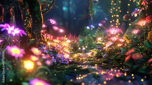 Glowing flowers and plants in a magical forest with a stream running through it. photo