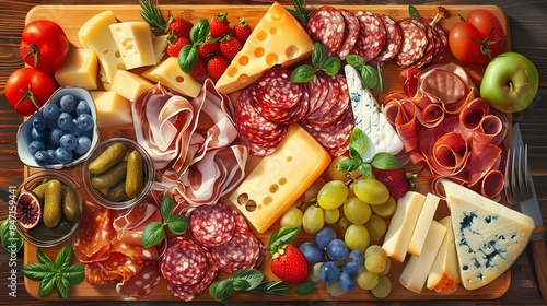 Top view of delicious appetizers with variety of cheese, charcuterie, fruits, and crackers on the wooden table. photo