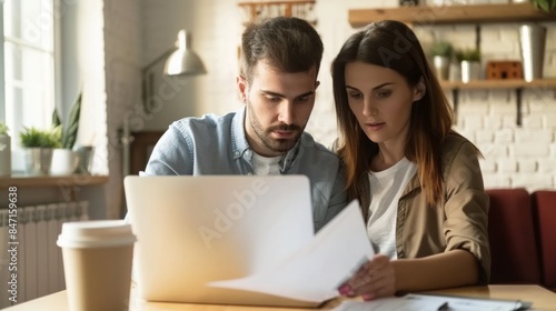 A man and a woman looking at papers on a laptop