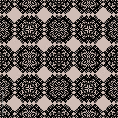 Decorative Asian folk seamless pattern. Repeating background in nomad style. Colored fabric swatch with surface design, minimal print on wallpaper, fabrics, gift wrap, templates. Vector.
