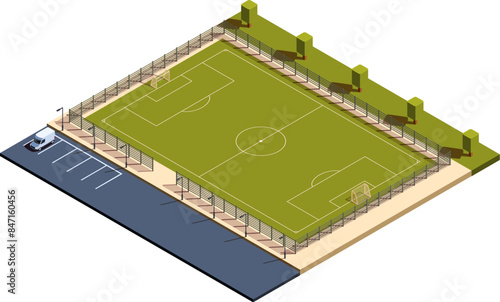 isometric football field with parking and fence, vector illustration