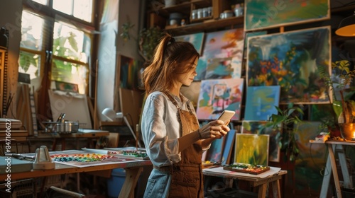 A woman standing in an art studio holding a cell phone