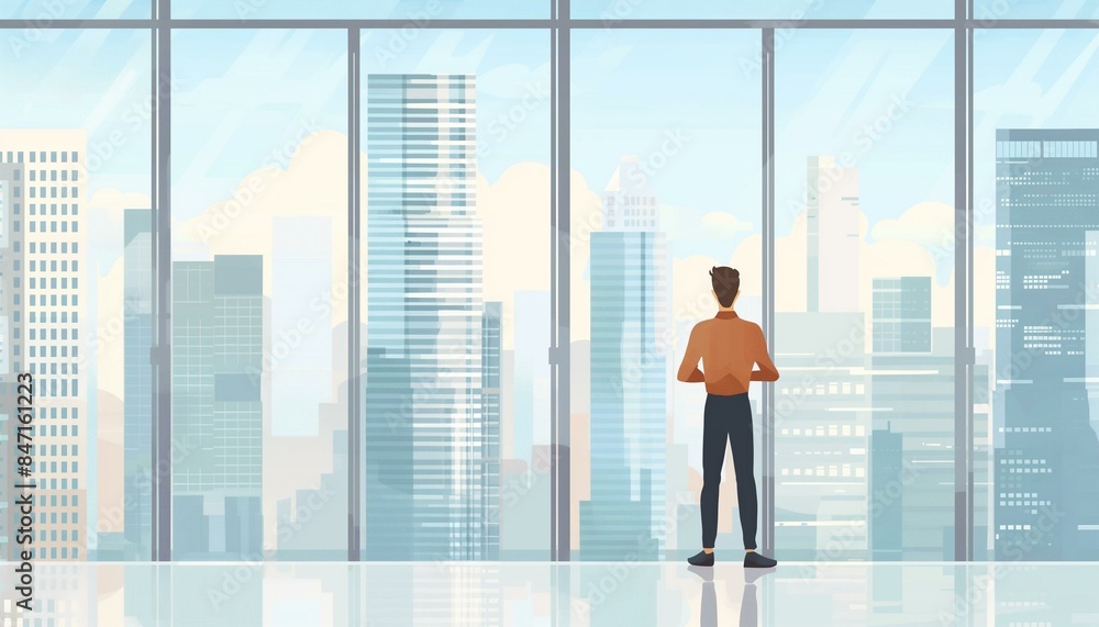 Businessman Looking at City Skyline from Office Window. Businessman Looking at City Skyline from Office Window.