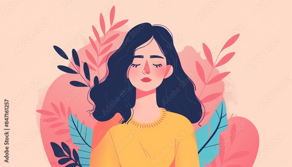 Peaceful Illustrated Woman with Floral Background in Pastel Colors Peaceful Illustrated Woman with Floral Background in Pastel Colors