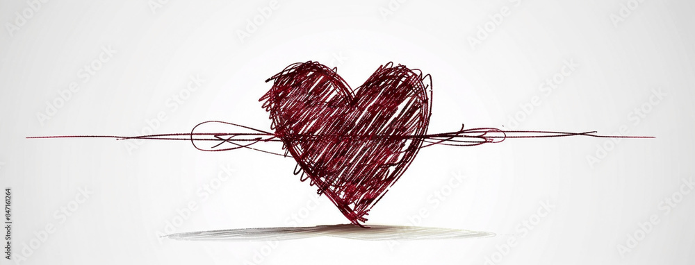 wide horizontal valentine day background image of maroon color abstract heart shape line drawing sketch drawn on a white background with empty space for texts wide horizontal valentine day background image of maroon color abstract heart shape line drawing sketch drawn on a white background with empty space for texts