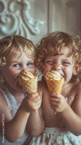 Two little girls are eating ice cream cones